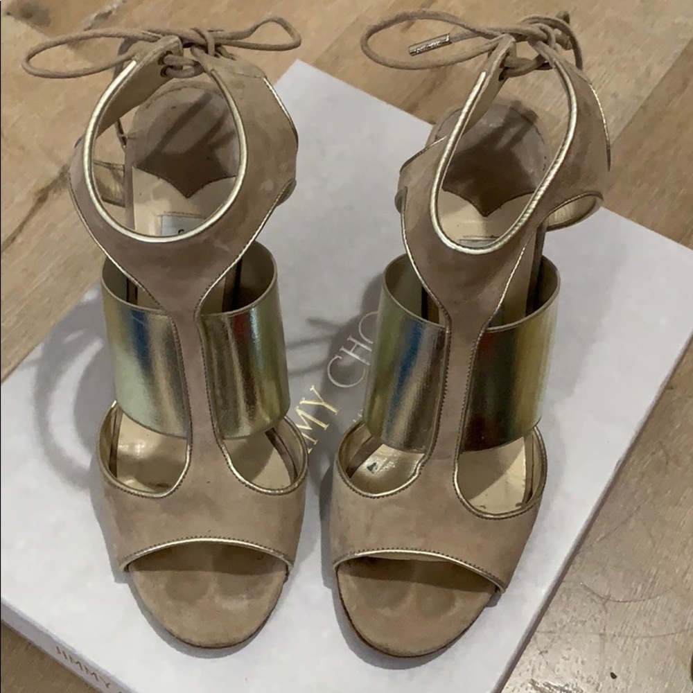 Jimmy Choo tan with gold sandals